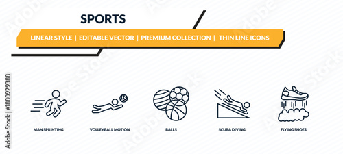 sports icons set - man sprinting, volleyball motion, balls, scuba diving, flying shoes outline vector collection.