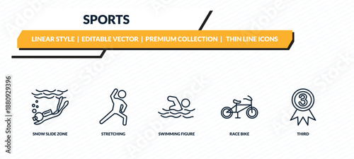sports icons set - snow slide zone, stretching, swimming figure, race bike, third outline vector collection.