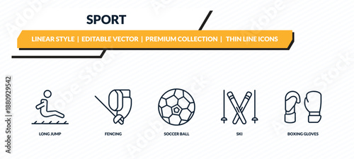 sport icons set - long jump, fencing, soccer ball, ski, boxing gloves outline vector collection.
