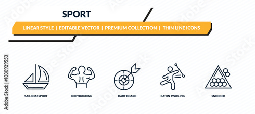 sport icons set - sailboat sport, bodybuilding, dart board, baton twirling, snooker outline vector collection.