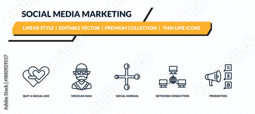 social media marketing icons set - quit a social like, mexican man, social normal, network conecction, promotion outline vector collection.
