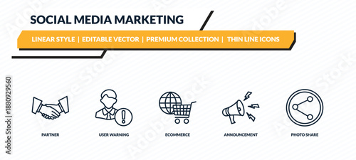 social media marketing icons set - partner, user warning, ecommerce, announcement, photo share outline vector collection.
