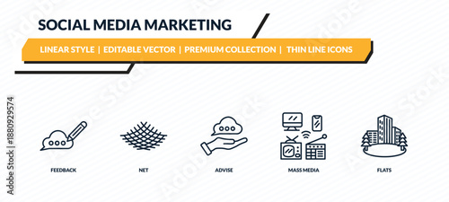 social media marketing icons set - feedback, net, advise, mass media, flats outline vector collection.
