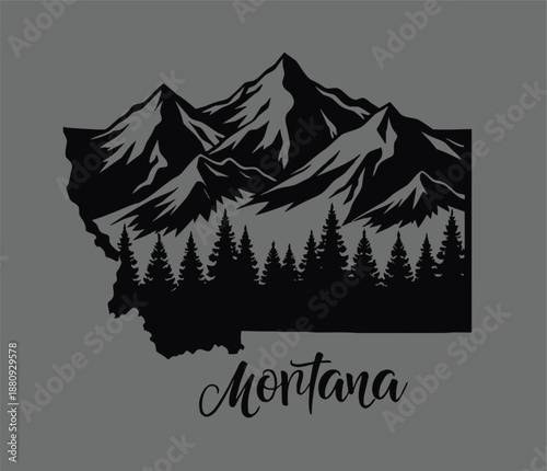 Montana mountain landscape with pine trees silhouette