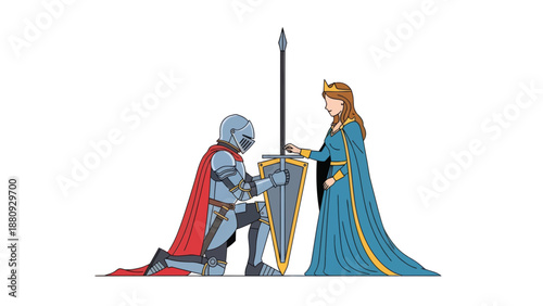 Knight kneeling before queen, vector illustration, medieval scene, flat design, for romance.