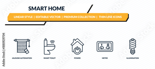 smart home icons set - jalousie automation, smart toilet, power, meter, illumination outline vector collection.