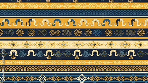 Repeated patterns of stylized rams' horns and geometric shapes in shades of gold, blue, and cream create a decorative border design.
