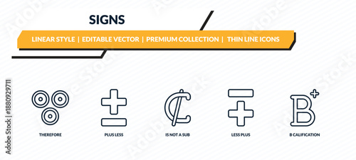 signs icons set - therefore, plus less, is not a sub, less plus, b calification outline vector collection.