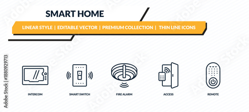 smart home icons set - intercom, smart switch, fire alarm, access, remote outline vector collection.