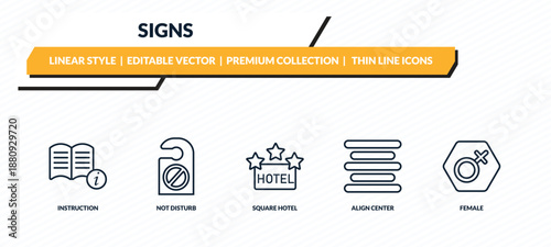 signs icons set - instruction, not disturb, square hotel, align center, female outline vector collection.