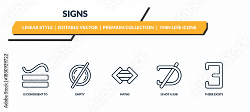 signs icons set - is congruent to, empty, maths, is not a sub, there exists outline vector collection.
