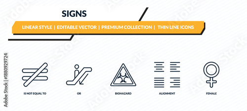 signs icons set - is not equal to, or, biohazard, alignment, female outline vector collection.