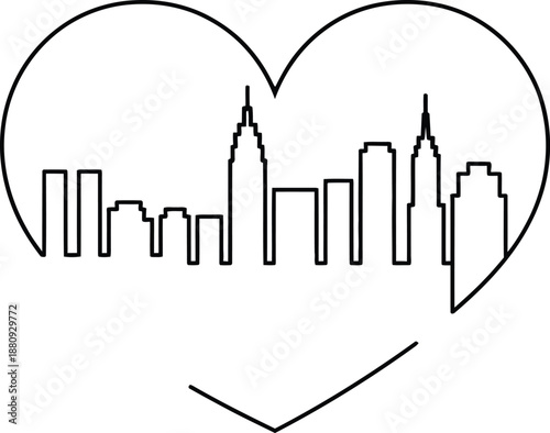 Abstract black and white city skyline inside a heart shape