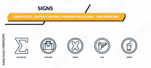 signs icons set - the sum of, suitcase, cross, gun, drink outline vector collection.
