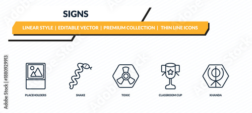 signs icons set - placeholders, snake, toxic, classroom cup, khanda outline vector collection.