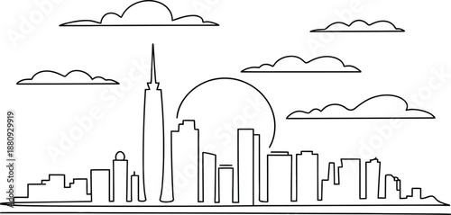 Black and white city skyline with tall buildings and clouds