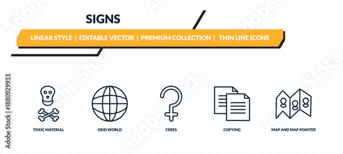 signs icons set - toxic material, grid world, ceres, copying, map and map pointer outline vector collection.