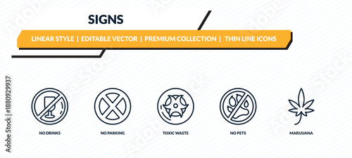 signs icons set - no drinks, no parking, toxic waste, no pets, marijuana outline vector collection.