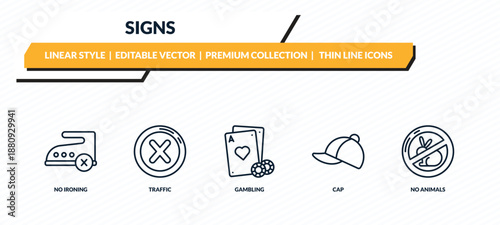 signs icons set - no ironing, traffic, gambling, cap, no animals outline vector collection.
