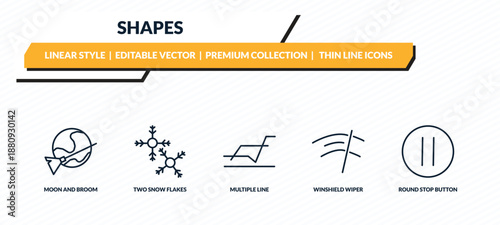 shapes icons set - moon and broom, two snow flakes, multiple line, winshield wiper, round stop button outline vector collection.