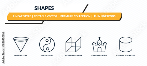 shapes icons set - inverted cone, yin and yang, rectangular prism, christian church, cylinder volumetric outline vector collection.