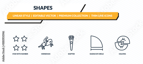 shapes icons set - star with number four, horseman, scepter, radius of circle, halving outline vector collection.