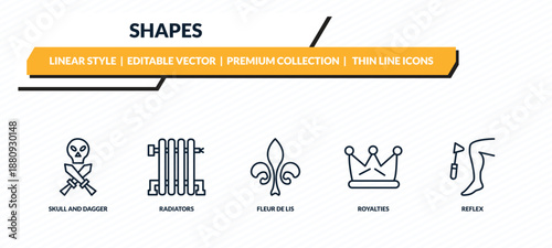 shapes icons set - skull and dagger, radiators, fleur de lis, royalties, reflex outline vector collection.
