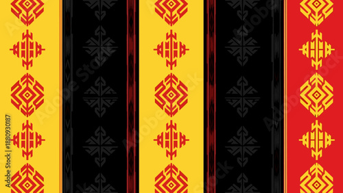 Geometric pattern with vertical stripes in yellow, black, and red, featuring stylized diamond shapes.