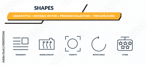 shapes icons set - paragraph, engine coolant, vignette, rotate circle, 5 stars outline vector collection.