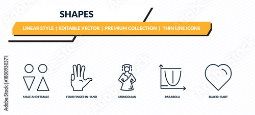 shapes icons set - male and female, four finger in hand, mongolian, parabola, black heart outline vector collection.