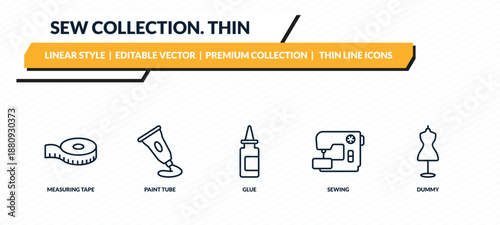 sew collection. thin icons set - measuring tape, paint tube, glue, sewing, dummy outline vector collection.