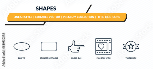 shapes icons set - elliptic, rounded rectangle, finger gun, film strip with heart, trademark outline vector collection.