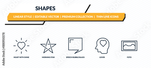shapes icons set - heart with shine, morning star, speech bubble black, lover, foto outline vector collection.
