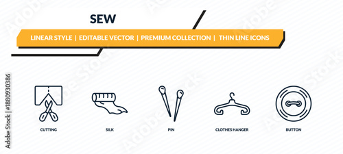 sew icons set - cutting, silk, pin, clothes hanger, button outline vector collection.