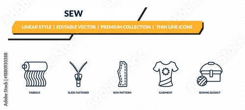 sew icons set - fabrics, slide fastener, sew pattern, garment, sewing basket outline vector collection.