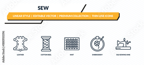 sew icons set - leather, cotton reel, knit, embroidery, old sewing hine outline vector collection.