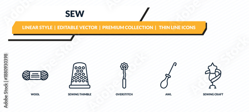 sew icons set - wool, sewing thimble, overstitch, awl, sewing craft outline vector collection.