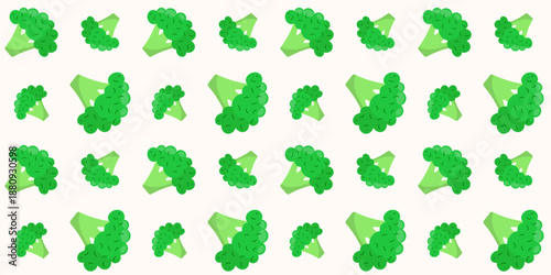 Vibrant seamless pattern with broccoli on white background.  Repeated pattern with veggies. Flat cartoon style. Background for design, fabric,  textile, cooking decorations, decor, wrapping paper. Vec