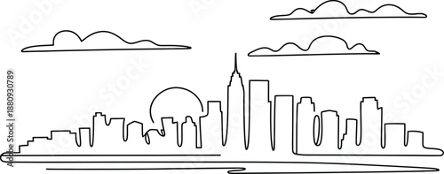 Skyline with buildings and clouds in a minimalist line style
