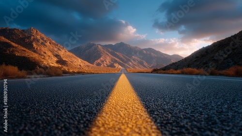 An open road leading into mountains under a cloudy sky. The road's yellow line guides the eye toward the horizon. The mountains are bathed in sunlight