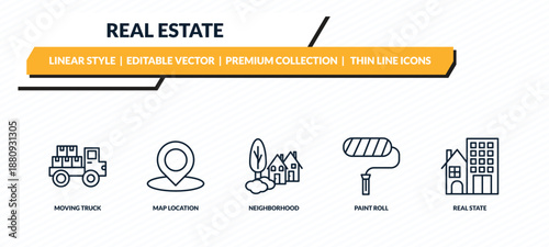 real estate icons set - moving truck, map location, neighborhood, paint roll, real state outline vector collection.