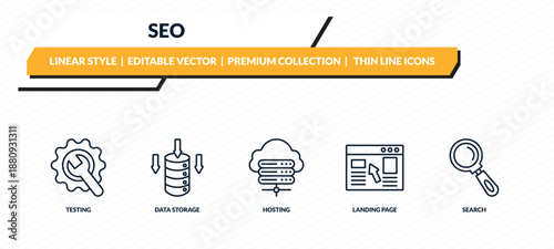 seo icons set - testing, data storage, hosting, landing page, search outline vector collection.