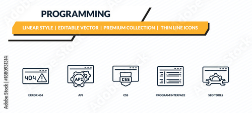 programming icons set - error 404, api, css, program interface, seo tools outline vector collection.