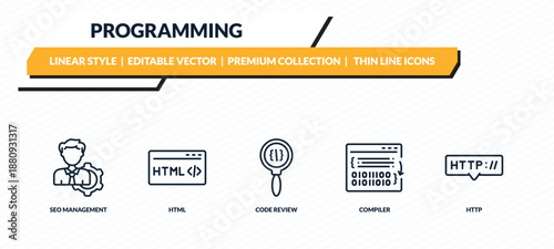 programming icons set - seo management, html, code review, compiler, http outline vector collection.