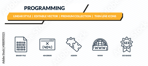 programming icons set - binary file, 404 error, addon, www, seo badge outline vector collection.