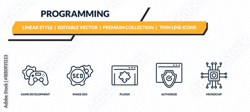 programming icons set - game development, image seo, plugin, authorize, microchip outline vector collection.