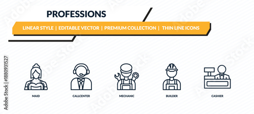 professions icons set - maid, callcenter, mechanic, builder, cashier outline vector collection.
