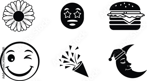 Black and white icons of various objects and emojis on white background