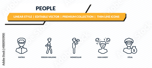 people icons set - matrix, person walking, monocular, man angry, steal outline vector collection.