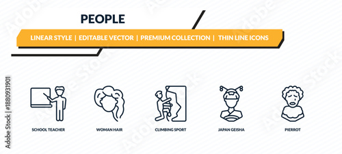 people icons set - school teacher, woman hair, climbing sport, japan geisha, pierrot outline vector collection.